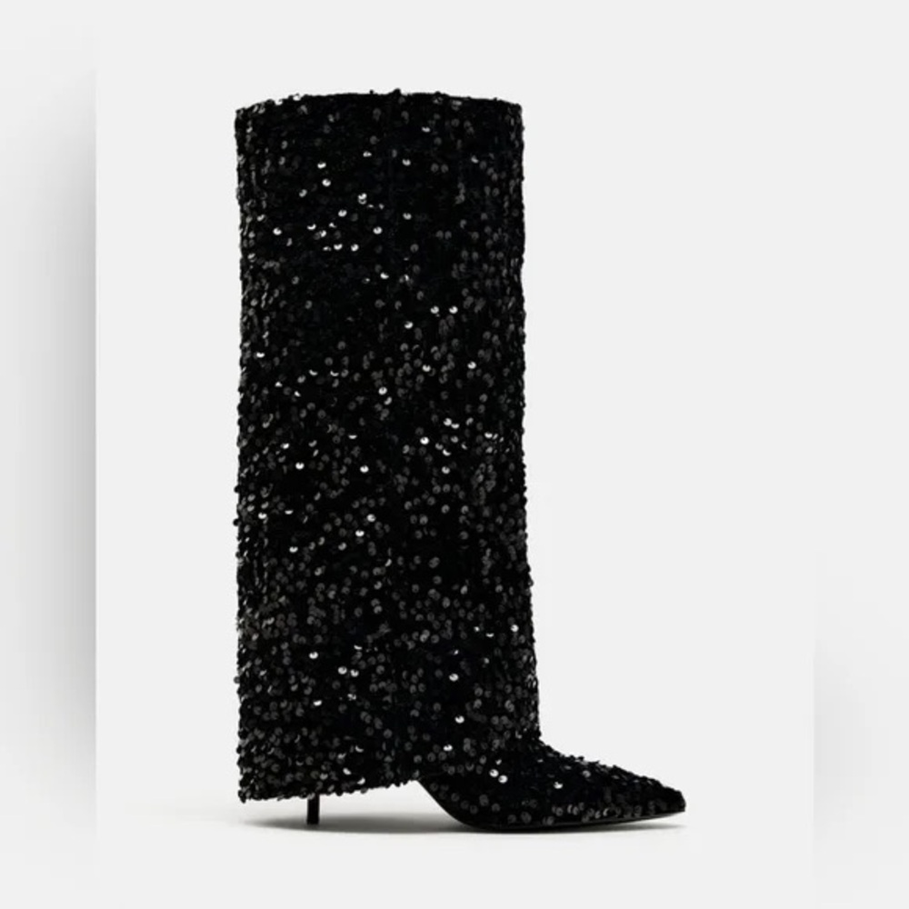 ZARA Black Sequin Fold Over Stiletto Heel Boots